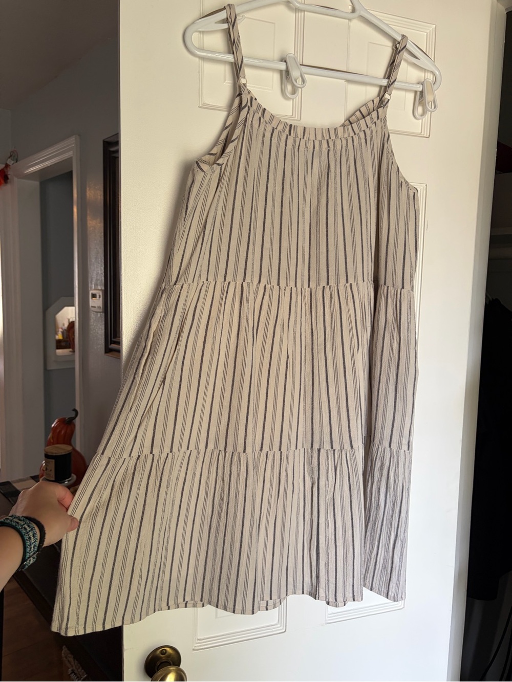 Evereve Cream Dress with Black Vertical Stripes